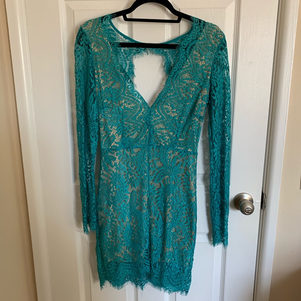 Teal lace long sleeve dress